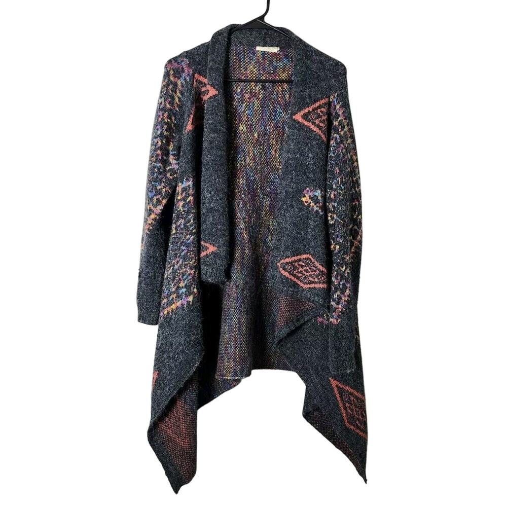 Dreamers Knit Cardigan Sweater Size Medium Gray‎ Boho Aztec Waterfall Open